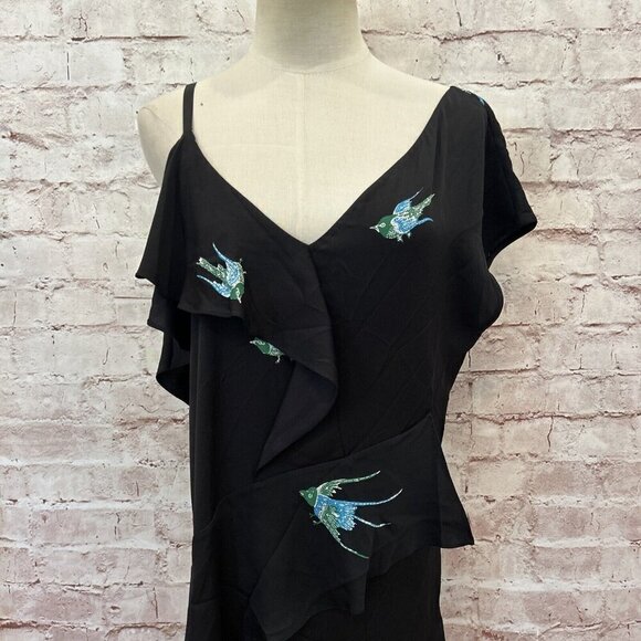 Diane Von Furstenberg Womens Black Silk Bird Print Asymmetric Ruffle Midi Dress - Picture 2 of 6